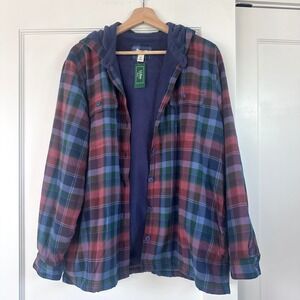 L.L.Bean Fleece Lined Flannel Hooded Shirt Jacket Plaid Black Plum XL PET NEW